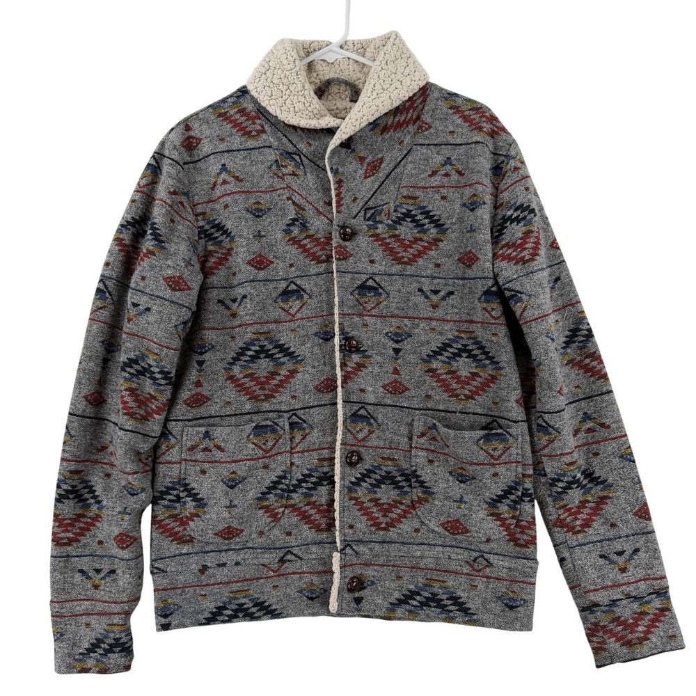 OBEY Propaganda Jacket Mens Medium Gray Sherpa‎ Lined Aztec Button Front Bomber